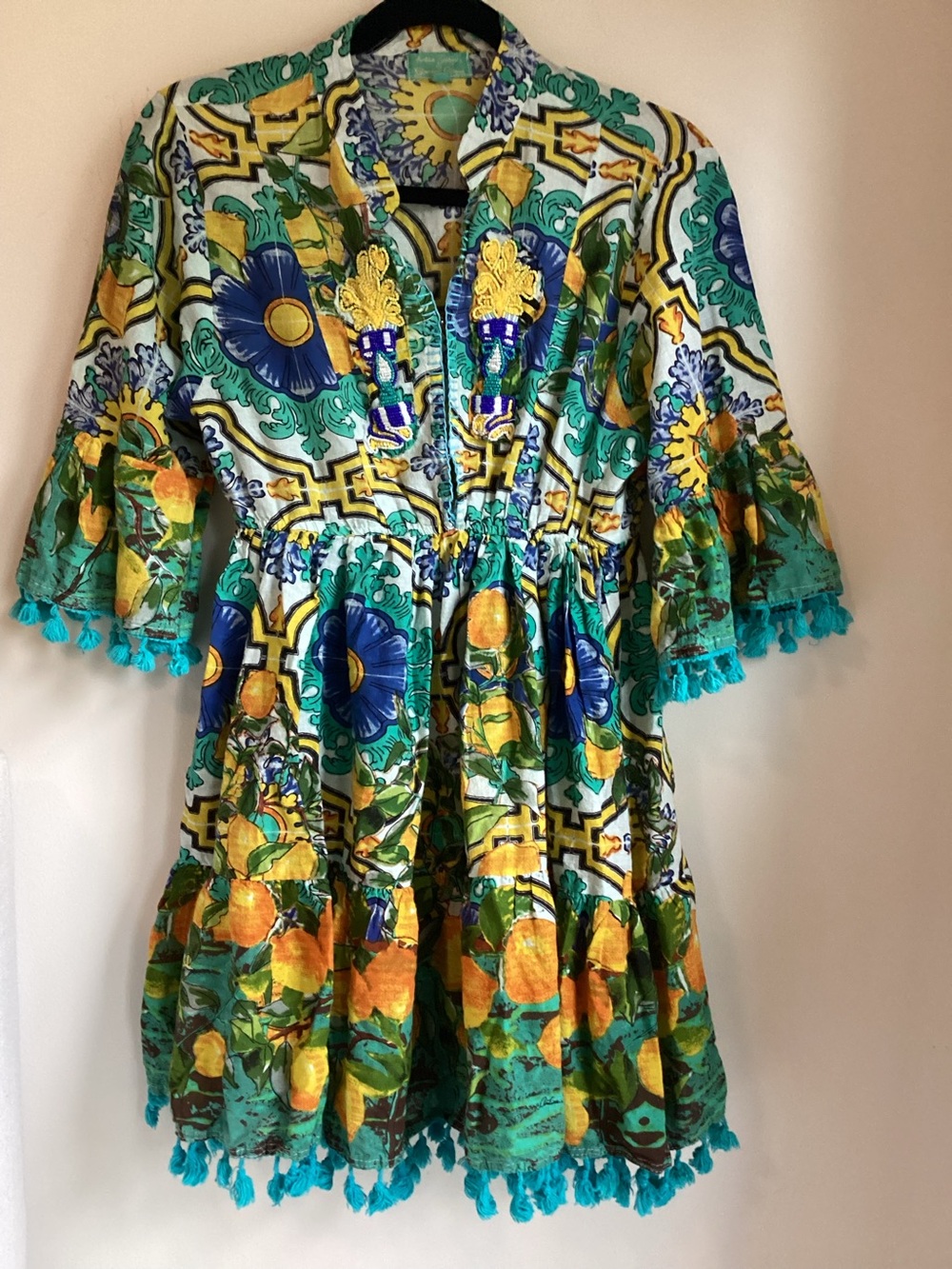 Antica Sartoria Positano Lemon Print Tassel Cover Up Tunic Dress Boho One Size